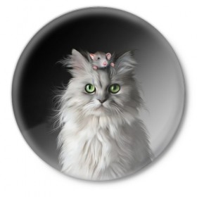 Значок с принтом Кот и мышка в Новосибирске,  металл | круглая форма, металлическая застежка в виде булавки | животные | кот | котенок | кошка | крыса | мышка | мышь | перс | персидский кот | серый
