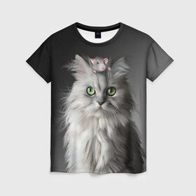 Женская футболка 3D с принтом Кот и мышка в Новосибирске, 100% полиэфир ( синтетическое хлопкоподобное полотно) | прямой крой, круглый вырез горловины, длина до линии бедер | животные | кот | котенок | кошка | крыса | мышка | мышь | перс | персидский кот | серый