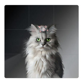 Магнитный плакат 3Х3 с принтом Кот и мышка в Новосибирске, Полимерный материал с магнитным слоем | 9 деталей размером 9*9 см | Тематика изображения на принте: животные | кот | котенок | кошка | крыса | мышка | мышь | перс | персидский кот | серый