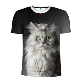 Мужская футболка 3D спортивная с принтом Кот и мышка в Новосибирске, 100% полиэстер с улучшенными характеристиками | приталенный силуэт, круглая горловина, широкие плечи, сужается к линии бедра | животные | кот | котенок | кошка | крыса | мышка | мышь | перс | персидский кот | серый