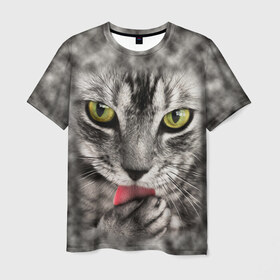 Мужская футболка 3D с принтом Котик в Новосибирске, 100% полиэфир | прямой крой, круглый вырез горловины, длина до линии бедер | животные | кот | котенок | кошка | лижет | мордочка | серый | умывается | язык