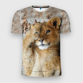 Мужская футболка 3D спортивная с принтом Львенок в Новосибирске, 100% полиэстер с улучшенными характеристиками | приталенный силуэт, круглая горловина, широкие плечи, сужается к линии бедра | дикая кошка | животные | кот | кошка | лев | львенок | львица | мордочка | природа | тигр | хищник