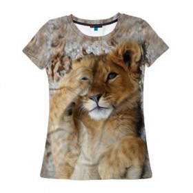 Женская футболка 3D с принтом Львенок в Новосибирске, 100% полиэфир ( синтетическое хлопкоподобное полотно) | прямой крой, круглый вырез горловины, длина до линии бедер | дикая кошка | животные | кот | кошка | лев | львенок | львица | мордочка | природа | тигр | хищник