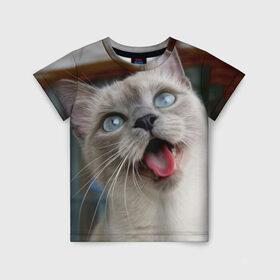 Детская футболка 3D с принтом Сиамский котенок в Новосибирске, 100% гипоаллергенный полиэфир | прямой крой, круглый вырез горловины, длина до линии бедер, чуть спущенное плечо, ткань немного тянется | животные | кот | котенок | котик | кошечка | кошка | милый | мордочка | показывает язык | прикол | серый | сиамская | сиамская кошка | сиамский котенок | юмор | язык