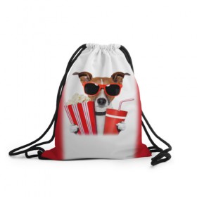 Рюкзак-мешок 3D с принтом собака-киноман в Новосибирске, 100% полиэстер | плотность ткани — 200 г/м2, размер — 35 х 45 см; лямки — толстые шнурки, застежка на шнуровке, без карманов и подкладки | кино | отдых | очки | попкорн | собака | телефон | терьер