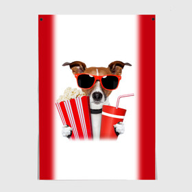 Постер с принтом собака-киноман в Новосибирске, 100% бумага
 | бумага, плотность 150 мг. Матовая, но за счет высокого коэффициента гладкости имеет небольшой блеск и дает на свету блики, но в отличии от глянцевой бумаги не покрыта лаком | кино | отдых | очки | попкорн | собака | телефон | терьер
