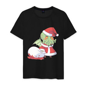 Мужская футболка хлопок с принтом Ктулху в Новосибирске, 100% хлопок | прямой крой, круглый вырез горловины, длина до линии бедер, слегка спущенное плечо. | chibi | padoru | ктулху | монстр | новый год | рождество | сthulhu | чиби