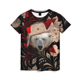 Женская футболка 3D с принтом Медведь в ушанке в Новосибирске, 100% полиэфир ( синтетическое хлопкоподобное полотно) | прямой крой, круглый вырез горловины, длина до линии бедер | звезда | мишка | патриот | роспись | русский | русь | сибирь | ссср | хохлома | шапка