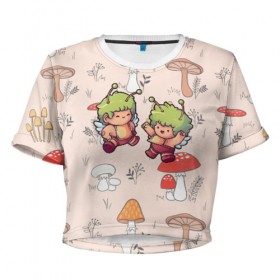 Женская футболка 3D укороченная с принтом Грибные человечки в Новосибирске, 100% полиэстер | круглая горловина, длина футболки до линии талии, рукава с отворотами | mashrooms | в стиле марио | волшебные грибы | гриб | грибной узор | грибочки | девочка с грибом | красный гриб | мир грибов | паттерн грибы | поганки | психоделика | психоз