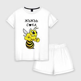 Женская пижама с шортиками хлопок с принтом ЪЖЪЖЪ в Новосибирске, 100% хлопок | футболка прямого кроя, шорты свободные с широкой мягкой резинкой | angry | bee | meme | жало | злой | зубы | крылья | мем | мемы | надпись | оса | пчела | шмель