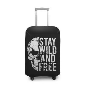 Чехол для чемодана 3D с принтом Stay wild and free в Новосибирске, 86% полиэфир, 14% спандекс | двустороннее нанесение принта, прорези для ручек и колес | background | black | day of the dead | death | drawing | f | free | halloween | inscription | skeleton | skull | stay | symbol | text | wild | день мертвых | дикий | надпись | оставайся | рисунок | свободный | символ | скелет | текст | фон | хэлл