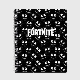 Тетрадь с принтом FORTNITE x MARSHMELLO в Новосибирске, 100% бумага | 48 листов, плотность листов — 60 г/м2, плотность картонной обложки — 250 г/м2. Листы скреплены сбоку удобной пружинной спиралью. Уголки страниц и обложки скругленные. Цвет линий — светло-серый
 | Тематика изображения на принте: 2019 | armor | armour | cybersport | esport | fortnite | game | llama | logo | броня | игра | киберспорт | лама | фиолетовый | фирменные цвета | фортнайт