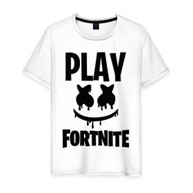 Мужская футболка хлопок с принтом FORTNITE x MARSHMELLO в Новосибирске, 100% хлопок | прямой крой, круглый вырез горловины, длина до линии бедер, слегка спущенное плечо. | 2019 | armor | armour | cybersport | esport | fortnite | game | llama | logo | броня | игра | киберспорт | лама | фиолетовый | фирменные цвета | фортнайт