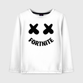 Детский лонгслив хлопок с принтом FORTNITE x MARSHMELLO в Новосибирске, 100% хлопок | круглый вырез горловины, полуприлегающий силуэт, длина до линии бедер | 2019 | armor | armour | cybersport | esport | fortnite | game | llama | logo | броня | игра | киберспорт | лама | фиолетовый | фирменные цвета | фортнайт