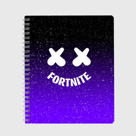 Тетрадь с принтом FORTNITE x MARSHMELLO в Новосибирске, 100% бумага | 48 листов, плотность листов — 60 г/м2, плотность картонной обложки — 250 г/м2. Листы скреплены сбоку удобной пружинной спиралью. Уголки страниц и обложки скругленные. Цвет линий — светло-серый
 | Тематика изображения на принте: 2019 | armor | armour | cybersport | esport | fortnite | game | llama | logo | броня | игра | киберспорт | лама | фиолетовый | фирменные цвета | фортнайт