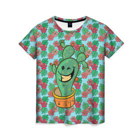 Женская футболка 3D с принтом Веселый кактус в Новосибирске, 100% полиэфир ( синтетическое хлопкоподобное полотно) | прямой крой, круглый вырез горловины, длина до линии бедер | веселый кактус | зеленый | иголки | кактусы | колючий | летний | лето | настроение | прикольный | радостный | счастье | цветок | цветы | эмоции