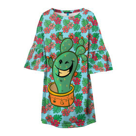 Детское платье 3D с принтом Веселый кактус в Новосибирске, 100% полиэстер | прямой силуэт, чуть расширенный к низу. Круглая горловина, на рукавах — воланы | Тематика изображения на принте: веселый кактус | зеленый | иголки | кактусы | колючий | летний | лето | настроение | прикольный | радостный | счастье | цветок | цветы | эмоции