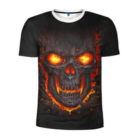 Мужская футболка 3D спортивная с принтом Skull Lava в Новосибирске, 100% полиэстер с улучшенными характеристиками | приталенный силуэт, круглая горловина, широкие плечи, сужается к линии бедра | dead | demon | devil | executioner | metal | punisher | rap | rock | satan | skull | swag | каратель | метал | палач | рок | скелет | череп