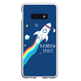 Чехол для Samsung S10E с принтом Rainbow space в Новосибирске, Силикон | Область печати: задняя сторона чехла, без боковых панелей | children | drawing | fire | flight | infinity | moon | planets | rainbow | rocket | space | stars | train | universe | wh | белый | бесконечность | вселенная | детский | звезды | космос | луна | надпись | огонь | планеты | полет | радуга | ракета | рисуно