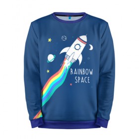 Мужской свитшот 3D с принтом Rainbow space в Новосибирске, 100% полиэстер с мягким внутренним слоем | круглый вырез горловины, мягкая резинка на манжетах и поясе, свободная посадка по фигуре | children | drawing | fire | flight | infinity | moon | planets | rainbow | rocket | space | stars | train | universe | wh | белый | бесконечность | вселенная | детский | звезды | космос | луна | надпись | огонь | планеты | полет | радуга | ракета | рисуно