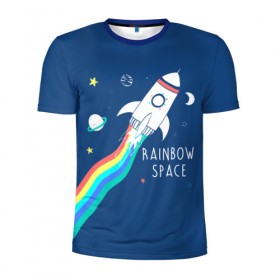 Мужская футболка 3D спортивная с принтом Rainbow space в Новосибирске, 100% полиэстер с улучшенными характеристиками | приталенный силуэт, круглая горловина, широкие плечи, сужается к линии бедра | Тематика изображения на принте: children | drawing | fire | flight | infinity | moon | planets | rainbow | rocket | space | stars | train | universe | wh | белый | бесконечность | вселенная | детский | звезды | космос | луна | надпись | огонь | планеты | полет | радуга | ракета | рисуно