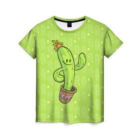 Женская футболка 3D с принтом Веселый кактус в Новосибирске, 100% полиэфир ( синтетическое хлопкоподобное полотно) | прямой крой, круглый вырез горловины, длина до линии бедер | веселый кактус | зеленый | иголки | кактусы | колючий | летний | лето | настроение | прикольный | радостный | счастье | цветок | цветы | эмоции