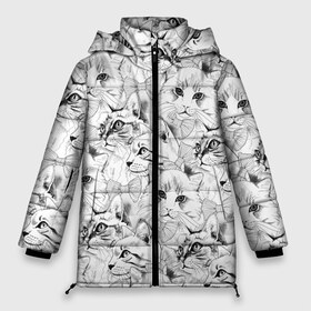 Женская зимняя куртка 3D с принтом Cats в Новосибирске, верх — 100% полиэстер; подкладка — 100% полиэстер; утеплитель — 100% полиэстер | длина ниже бедра, силуэт Оверсайз. Есть воротник-стойка, отстегивающийся капюшон и ветрозащитная планка. 

Боковые карманы с листочкой на кнопках и внутренний карман на молнии | animal | background | baleen | butterfly | cats | cute | drawing | eared | graphics | heads | kittens | striped | tie | view | бабочка | взгляд | галстук | головы | графика | животное | котята | кошки | милые | полосатый | рисунок | усатые | ушастые | фон