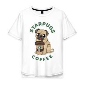 Мужская футболка хлопок Oversize с принтом Мопс с Кофе (Пародия) в Новосибирске, 100% хлопок | свободный крой, круглый ворот, “спинка” длиннее передней части | Тематика изображения на принте: coffee | pug | кофе | мопс | собака | собаки