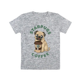Детская футболка хлопок с принтом Мопс с Кофе (Пародия) в Новосибирске, 100% хлопок | круглый вырез горловины, полуприлегающий силуэт, длина до линии бедер | Тематика изображения на принте: coffee | pug | кофе | мопс | собака | собаки