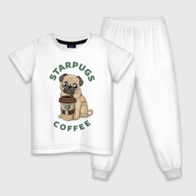 Детская пижама хлопок с принтом Мопс с Кофе (Пародия) в Новосибирске, 100% хлопок |  брюки и футболка прямого кроя, без карманов, на брюках мягкая резинка на поясе и по низу штанин
 | Тематика изображения на принте: coffee | pug | кофе | мопс | собака | собаки