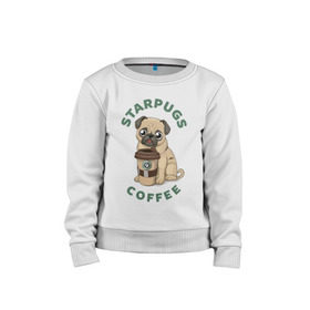 Детский свитшот хлопок с принтом Мопс с Кофе (Пародия) в Новосибирске, 100% хлопок | круглый вырез горловины, эластичные манжеты, пояс и воротник | Тематика изображения на принте: coffee | pug | кофе | мопс | собака | собаки