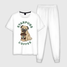 Мужская пижама хлопок с принтом Мопс с Кофе (Пародия) в Новосибирске, 100% хлопок | брюки и футболка прямого кроя, без карманов, на брюках мягкая резинка на поясе и по низу штанин
 | Тематика изображения на принте: coffee | pug | кофе | мопс | собака | собаки
