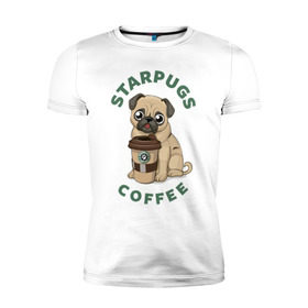 Мужская футболка премиум с принтом Мопс с Кофе (Пародия) в Новосибирске, 92% хлопок, 8% лайкра | приталенный силуэт, круглый вырез ворота, длина до линии бедра, короткий рукав | Тематика изображения на принте: coffee | pug | кофе | мопс | собака | собаки