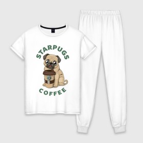 Женская пижама хлопок с принтом Мопс с Кофе (Пародия) в Новосибирске, 100% хлопок | брюки и футболка прямого кроя, без карманов, на брюках мягкая резинка на поясе и по низу штанин | Тематика изображения на принте: coffee | pug | кофе | мопс | собака | собаки