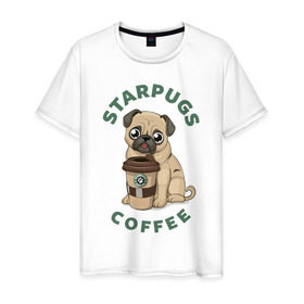 Мужская футболка хлопок с принтом Мопс с Кофе (Пародия) в Новосибирске, 100% хлопок | прямой крой, круглый вырез горловины, длина до линии бедер, слегка спущенное плечо. | Тематика изображения на принте: coffee | pug | кофе | мопс | собака | собаки