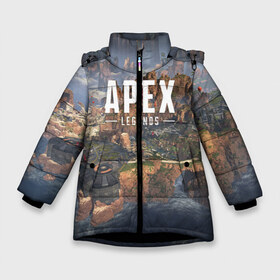 Зимняя куртка для девочек 3D с принтом APEX LEGENDS в Новосибирске, ткань верха — 100% полиэстер; подклад — 100% полиэстер, утеплитель — 100% полиэстер. | длина ниже бедра, удлиненная спинка, воротник стойка и отстегивающийся капюшон. Есть боковые карманы с листочкой на кнопках, утяжки по низу изделия и внутренний карман на молнии. 

Предусмотрены светоотражающий принт на спинке, радужный светоотражающий элемент на пуллере молнии и на резинке для утяжки. | apex | legend | legends | titanfall | апекс | бангалор | бладхаунд | верхушки | гибралтар | каустик | лайфлайн | легенда | легенды | ледженд | леджендс | мираж | рэйф | титанфол