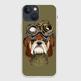 Чехол для iPhone 13 mini с принтом Air ship pilot в Новосибирске,  |  | aircraft | angry | animal | breed | bulldog | dog | pilot | predator | t | бульдог | взгляд | воздушное | графика | животное | злой | зуб | зубы | надпись | очки | пилот | порода | рисунок | самолет | синий | собака | судно | текст