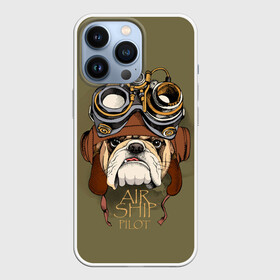 Чехол для iPhone 13 Pro с принтом Air ship pilot в Новосибирске,  |  | aircraft | angry | animal | breed | bulldog | dog | pilot | predator | t | бульдог | взгляд | воздушное | графика | животное | злой | зуб | зубы | надпись | очки | пилот | порода | рисунок | самолет | синий | собака | судно | текст