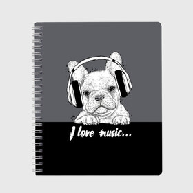 Тетрадь с принтом I love music… в Новосибирске, 100% бумага | 48 листов, плотность листов — 60 г/м2, плотность картонной обложки — 250 г/м2. Листы скреплены сбоку удобной пружинной спиралью. Уголки страниц и обложки скругленные. Цвет линий — светло-серый
 | animal | black | breed | dog | drawing | fon | graphics | gray | head | headphones | i | inscription | look | love | music | muzzle | text | взгляд | голова | графика | животное | люблю | музыка | надпись | наушники | порода | рисунок | серый | со