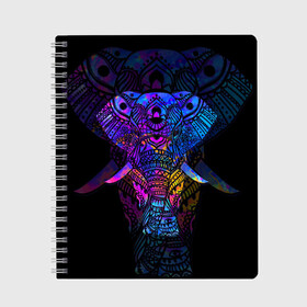 Тетрадь с принтом Слон в Новосибирске, 100% бумага | 48 листов, плотность листов — 60 г/м2, плотность картонной обложки — 250 г/м2. Листы скреплены сбоку удобной пружинной спиралью. Уголки страниц и обложки скругленные. Цвет линий — светло-серый
 | african | animal | big | bright | colorful | drawing | ears | elephant | ethnic | fangs | gr | ornament | pattern | trunk | африканский | большой | графика | животное | клыки | орнамент | разноцветный | рисунок | слон | трафарет | узор | уши | фон | хобот
