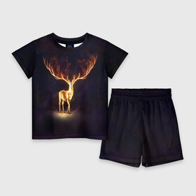 Детский костюм с шортами 3D с принтом Огненный олень в Новосибирске,  |  | deer | fire | flame | horns | огонь | пламя | рога