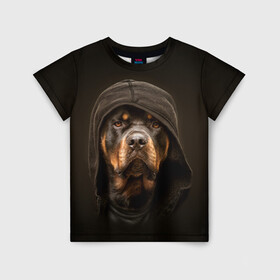Детская футболка 3D с принтом Ротвейлер в капюшоне  в Новосибирске, 100% гипоаллергенный полиэфир | прямой крой, круглый вырез горловины, длина до линии бедер, чуть спущенное плечо, ткань немного тянется | Тематика изображения на принте: rottweiler | капюшон | молоссы | пастух | пёс | собака | щенок