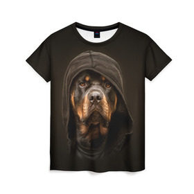 Женская футболка 3D с принтом Ротвейлер в капюшоне в Новосибирске, 100% полиэфир ( синтетическое хлопкоподобное полотно) | прямой крой, круглый вырез горловины, длина до линии бедер | rottweiler | капюшон | молоссы | пастух | пёс | собака | щенок