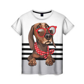 Женская футболка 3D с принтом Такса в очках в Новосибирске, 100% полиэфир ( синтетическое хлопкоподобное полотно) | прямой крой, круглый вырез горловины, длина до линии бедер | animal | black | breed | dachshund | dog | domestic | drawing | gra | polka | red | shawl | stripes | white | белый | горошек | графика | домашняя | животное | красный | надпись | очки | платок | полосы | порода | рисунок | собака | такса | текс
