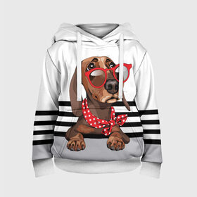 Детская толстовка 3D с принтом Такса в очках в Новосибирске, 100% полиэстер | двухслойный капюшон со шнурком для регулировки, мягкие манжеты на рукавах и по низу толстовки, спереди карман-кенгуру с мягким внутренним слоем | Тематика изображения на принте: animal | black | breed | dachshund | dog | domestic | drawing | gra | polka | red | shawl | stripes | white | белый | горошек | графика | домашняя | животное | красный | надпись | очки | платок | полосы | порода | рисунок | собака | такса | текс