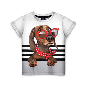 Детская футболка 3D с принтом Такса в очках в Новосибирске, 100% гипоаллергенный полиэфир | прямой крой, круглый вырез горловины, длина до линии бедер, чуть спущенное плечо, ткань немного тянется | Тематика изображения на принте: animal | black | breed | dachshund | dog | domestic | drawing | gra | polka | red | shawl | stripes | white | белый | горошек | графика | домашняя | животное | красный | надпись | очки | платок | полосы | порода | рисунок | собака | такса | текс
