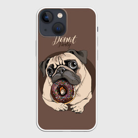 Чехол для iPhone 13 mini с принтом Donut party в Новосибирске,  |  | animal | baking | breed | chocolate | dog | donut | dr | eating | homemade | looking | party | pug | sweetness | вечеринка | выпечка | графика | домашнее | животное | картинка | кушает | мопс | надпись | пончик | порода | рисунок | сладость