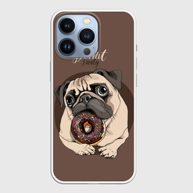 Чехол для iPhone 13 Pro с принтом Donut party в Новосибирске,  |  | animal | baking | breed | chocolate | dog | donut | dr | eating | homemade | looking | party | pug | sweetness | вечеринка | выпечка | графика | домашнее | животное | картинка | кушает | мопс | надпись | пончик | порода | рисунок | сладость