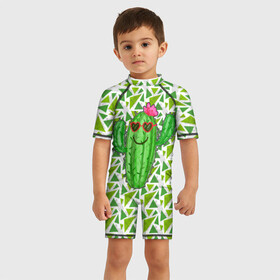 Детский купальный костюм 3D с принтом Позитивный кактус в Новосибирске, Полиэстер 85%, Спандекс 15% | застежка на молнии на спине | веселый кактус | зеленый | иголки | кактусы | колючий | летний | лето | настроение | прикольный | радостный | счастье | цветок | цветы | эмоции