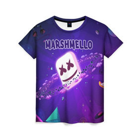 Женская футболка 3D с принтом Marshmello в Новосибирске, 100% полиэфир ( синтетическое хлопкоподобное полотно) | прямой крой, круглый вырез горловины, длина до линии бедер | alone | beautiful now | disc | dj | jockey | marshmallow | американский | диджей | дискотека | маршмэллоу | продюсер